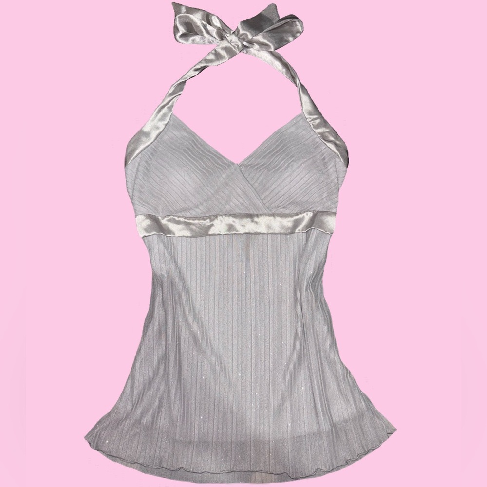 SPARKLY FLOWY SILK LIKE HALTER BABYDOLL TOP W RIBBON TIE NECK & RIBBON TIE WAIST